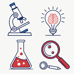 Science Icons: Red and Blue Outline - Microscope, Lightbulb, Beaker, Magnifying Glass

