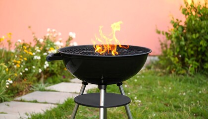 Backyard BBQ grill with flames