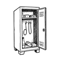 Gym locker filled with essentials, minimalist doodle style