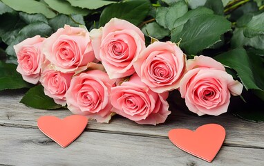 Romantic Pink Roses Bouquet with Hearts on Wooden Background