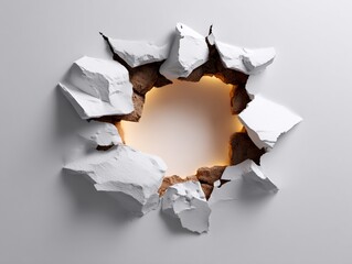 Conceptual image of a jaggy hole in a white surface highlighting destruction or breakthrough .