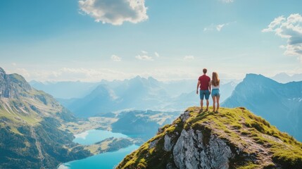 Couple posing against a scenic mountain backdrop.