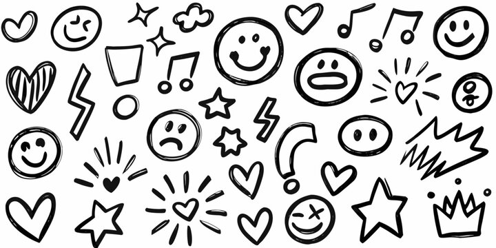 Collection of hand drawn black doodle icons featuring smiley faces hearts stars lightning bolts and musical notes
