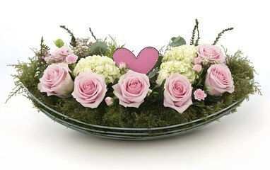Elegant Pink Roses and Hydrangea Flower Arrangement with Heart