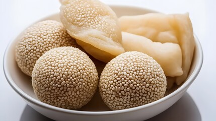 Delicious Sesame Balls and Flatbreads in Bowl Asian Dessert Treats
