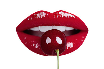 Close Up Red Lips with Cherry on Transparent Background