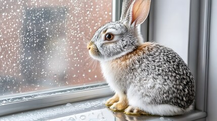 Adorable Grey Rabbit Watching Rainy Day Window