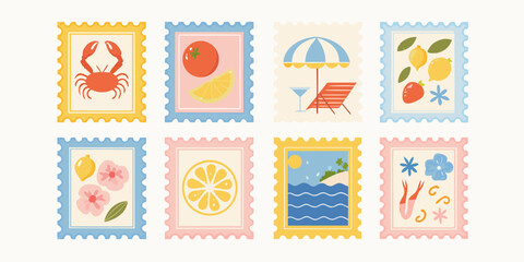 Collection of eight colorful postage stamps featuring summer vacation and food themes