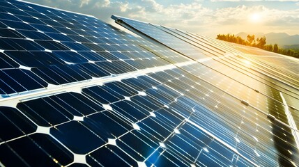 Solar Panel Array at Sunset, Clean Energy Power