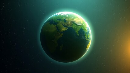 Fototapeta premium Lush green planet floating in space with a glowing atmosphere, depicting cosmic beauty.