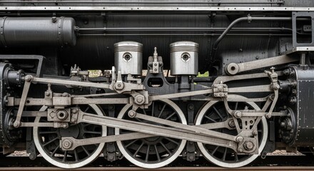 Close-up of Vintage Steam Train Engine Wheels and Pistons