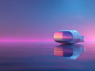 White virtual reality headset on glossy surface with pink and blue gradient background. Futuristic VR device for gaming, AR, and immersive digital technology