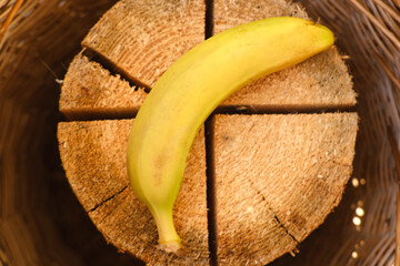 Fresh bananas on wooden table, Ripe yellow bananas, rich in potassium, healthy lifestyle, diet,...