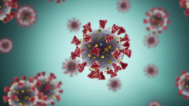 A detailed 3d illustration of the sarscov2 virus, commonly known as coronavirus, with its characteristic spike proteins, against a blurred teal background