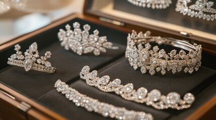 Bridal accessories arranged with earrings and tiaras in a neat layout display.
