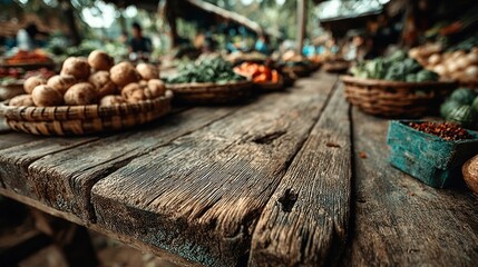 Rustic wooden table in foreground, blurred market background with fresh produce