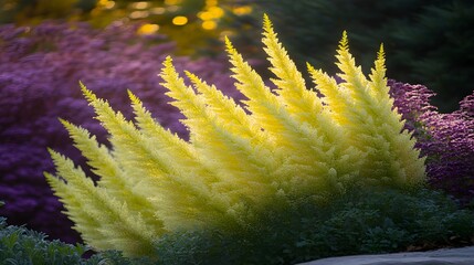 Golden Yellow Flower Plume Plants in Garden Backlit by Sunlight
