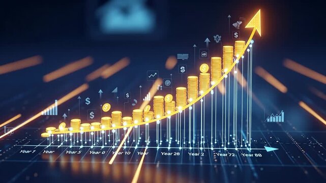 Compound Interest Growth Visualization - A 3D animation shows stacks of gold coins rising along an upward curving line representing exponential growth over time.