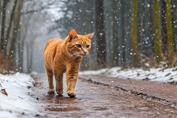 Ginger Cat Walking in Snowy Winter Forest Path