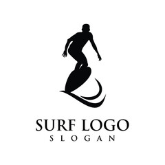 Surfing logo design with a silhouette of a surfer on a board with a sunset in the background	