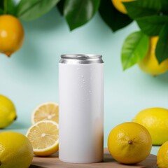 White Soda Can Mockup with Fresh Lemons on Blue Background