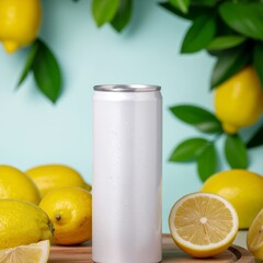 White Soda Can Mockup with Fresh Lemons on Blue Background