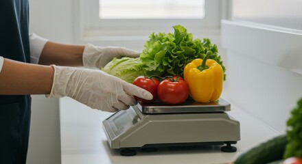 Fresh vegetables being weighed on a kitchen scale by hands in gloves  