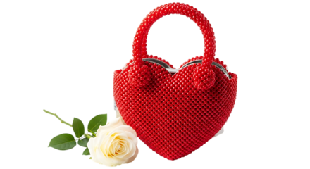 Handwoven bag templates red heartshaped beaded purse with a white rose isolated on transparent background