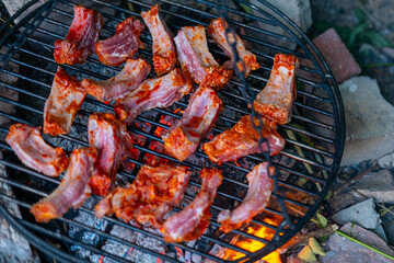 BBQ Pork ribs, meat, and sausages grilling over open fire, barbecue camping cooking, smoky flavor,...