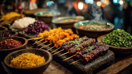 Street food stall at busy night market serving skewers, herbs, and sauces