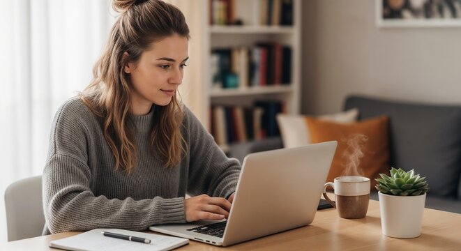 Young woman working on laptop with coffee in cozy interior for remote job visuals, distance learning, freelance life, online business content, and productivity blogs