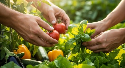 Hands harvesting fresh tomatoes and basil in summer garden for gardening visuals, sustainable farming blogs, organic food education, and nature-based lifestyle content