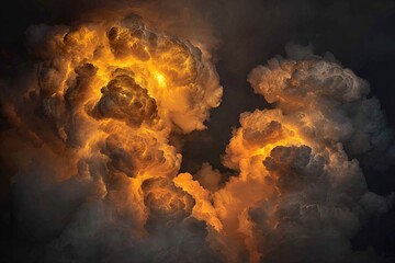 Fiery, dramatic clouds illuminated from within, against a dark sky