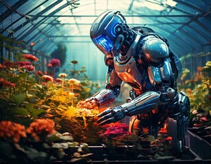 Fototapeta premium Robotic caretaker tends glowing flora in high tech botanical environment