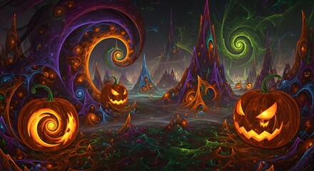 Whimsical Halloween landscape with glowing pumpkins and swirling, colorful patterns.