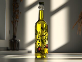Olive Oil Bottle Product Photography with Botanical Design