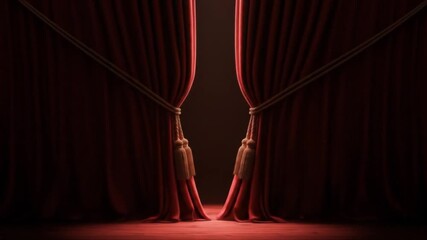 Red curtains parting revealing empty stage