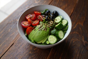 Fresh Avocado Tomato Cucumber Olive Salad with Greens and Seeds