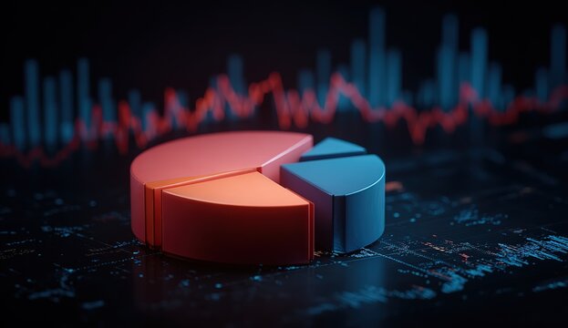 3D pie chart glowing with red and blue colors on a dark background, graphs of the stock market in the background