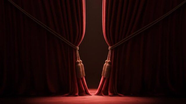 Red curtains parting revealing empty stage