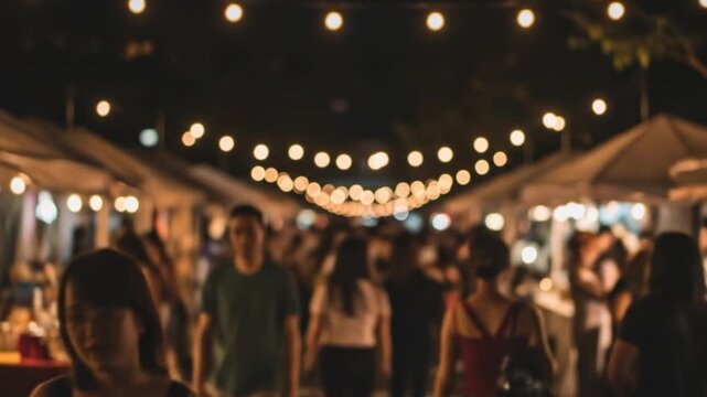People socializing under string lights at outdoor event