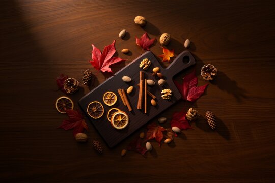 Seasonal Harvest Gathering of Nuts Spices and Dried Fruits on a Cutting Board - Powered by Adobe