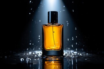 Captivating Amber Fragrance Captured in a Dynamic Studio Light with Splashing Water Elements Creating an Aura of Sophistication and Elegance