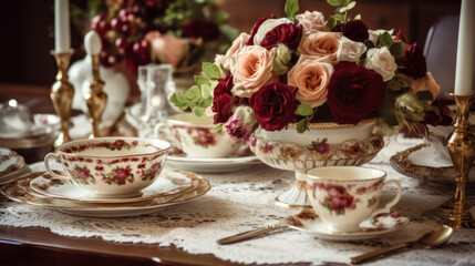 Elegant Vintage Tea Party with Floral Porcelain and Roses