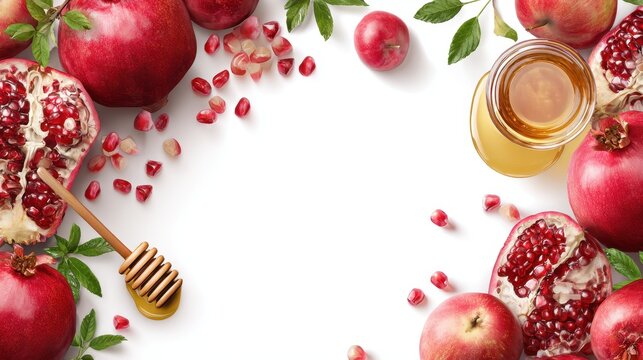 High quality photo of fresh pomegranates and honey jar with wooden dipper on white background.