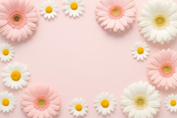 Obraz premium Colorful floral arrangement with pink and white daisies on a soft pink background