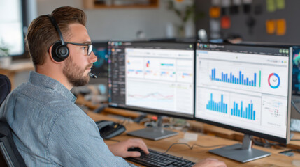 Professional Analyzing Data on Multiple Monitors in Office