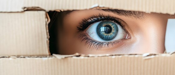 Closeup Eye Peeking Through Cardboard Hole
