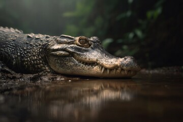 Fototapeta premium Crocodile resting on the shore of a river in the jungle
