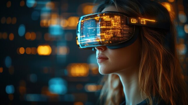 Woman wearing VR headset, digital interface